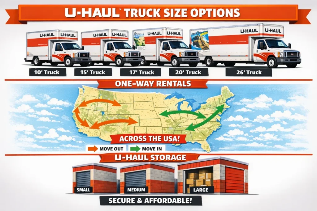 U-Haul truck size options infographic showing 10 foot, 15 foot, 17 foot, 20 foot, and 26 foot moving trucks, one-way rental routes across the USA, and small, medium, and large U-Haul storage units.