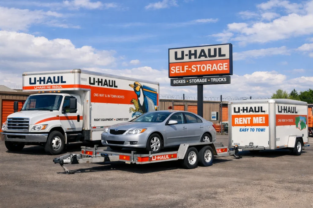 U-Haul moving truck, car trailer, and utility trailer parked at a U-Haul self-storage facility, showcasing truck rental, vehicle towing, and storage services for local and one-way moves.