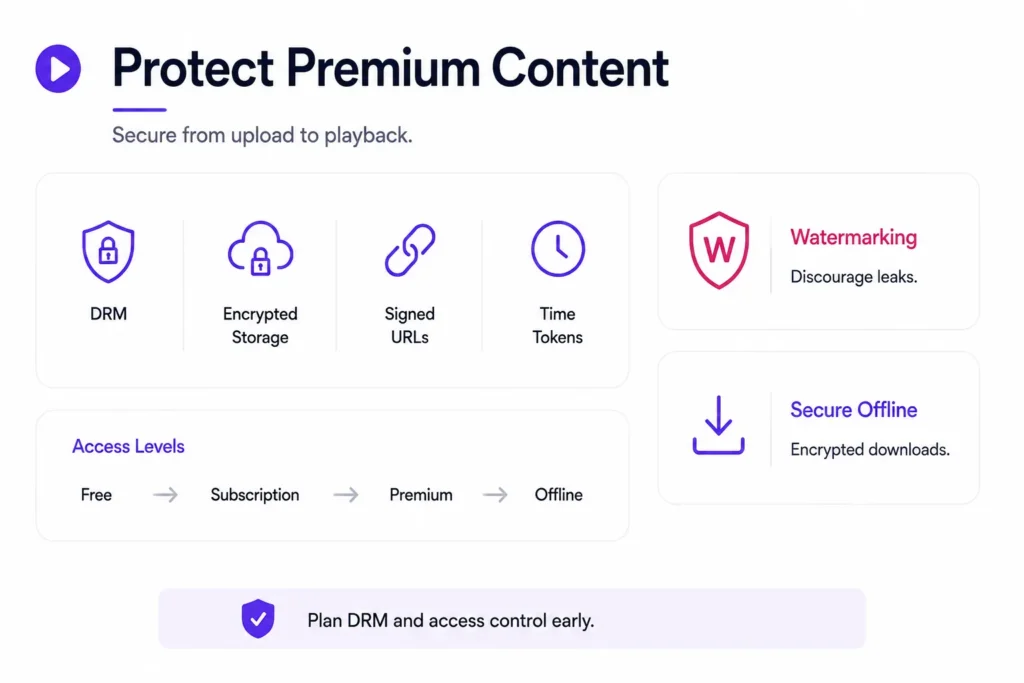 How Should Video Streaming Platforms Protect Content, Accounts, Payments, and Viewer Data? 1 Video streaming platform content protection using DRM, encrypted storage, signed URLs, time-limited tokens, watermarking, and secure offline access.