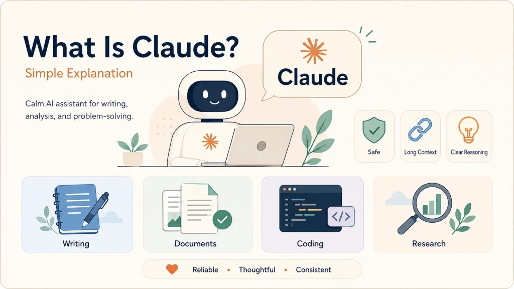 Claude AI assistant overview showing use cases, target users, long-document handling, safer responses, business workflows, and AI reasoning capabilities.