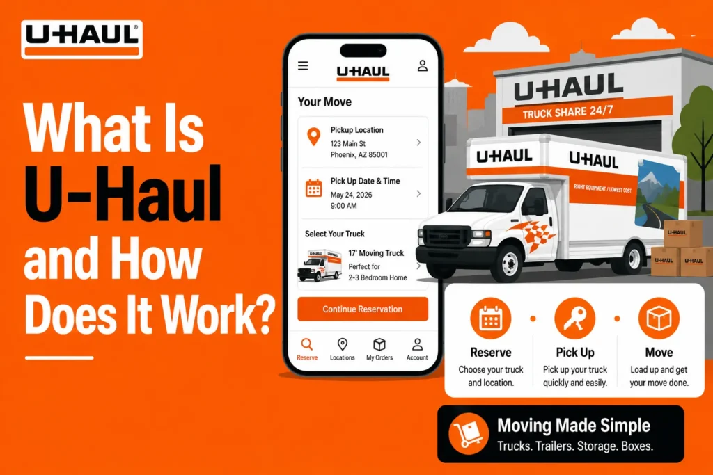 U-Haul moving service infographic showing truck reservation, pickup location, moving truck selection, app booking, self-service pickup, boxes, storage, and moving process.