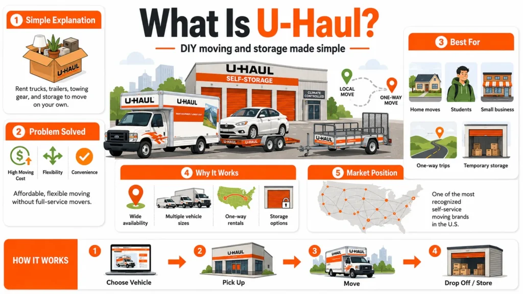 What Is U-Haul and How Does It Work? 1 U-Haul infographic explaining DIY moving and storage with truck rentals, trailers, towing gear, storage options, one-way moves, pickup, vehicle selection, and drop-off process.