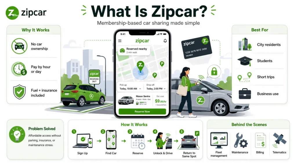 What Is Zipcar and How Does It Work? 1 Zipcar infographic explaining membership-based car sharing with car reservation, app unlock, hourly pricing, fuel and insurance, city use, short trips, fleet management, billing, and telematics.