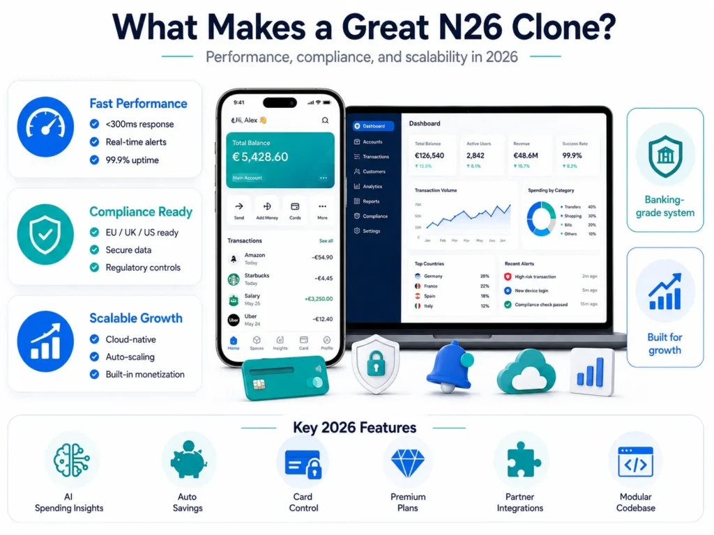 Best N26 Clone Scripts 2026 for Digital Banking Startups 1 N26 clone feature infographic showing fast performance, compliance readiness, scalable growth, banking-grade system, AI spending insights, auto savings, card control, premium plans, partner integrations, and modular codebase.