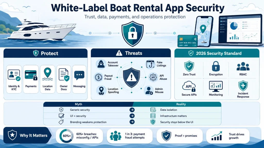 White-label boat rental app security dashboard showing identity verification, payment protection, secure APIs, encryption, RBAC, fraud prevention, and location security.