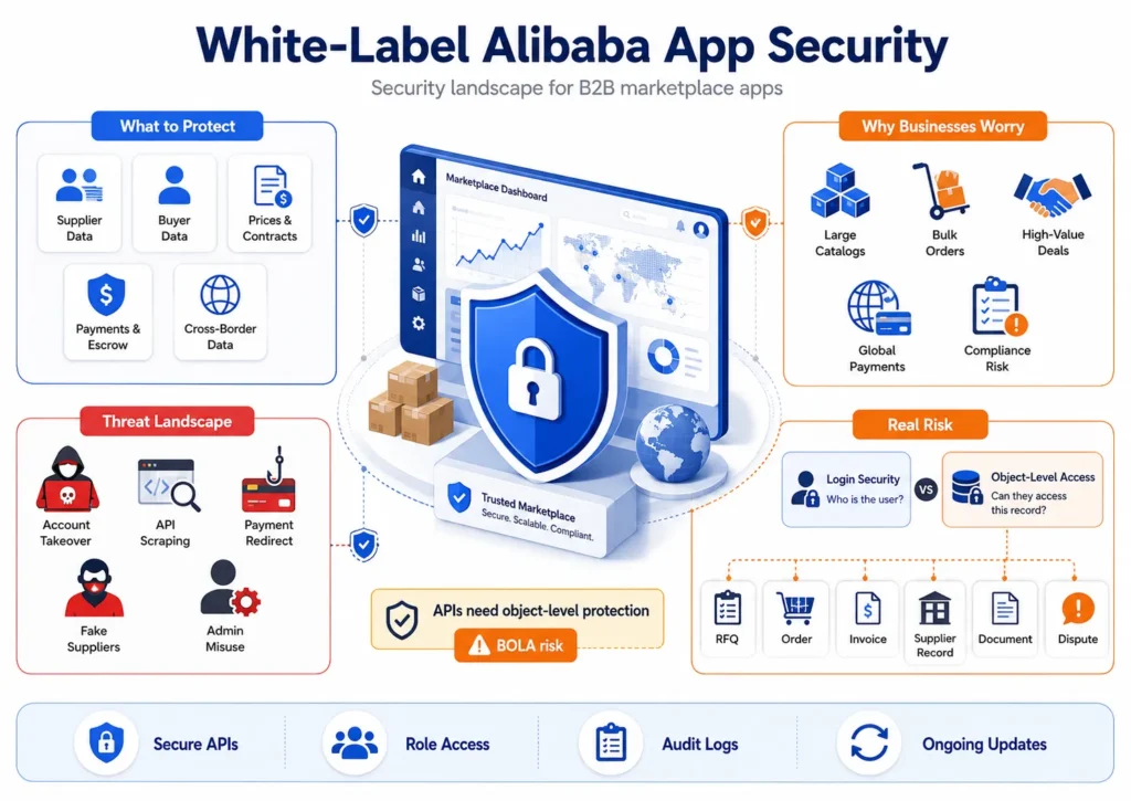 White-label Alibaba app security infographic showing B2B marketplace security risks, API protection, supplier data security, payment protection, BOLA vulnerabilities, and access control measures.