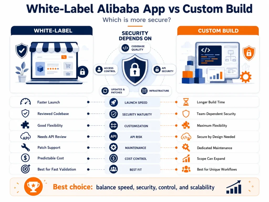 Security comparison between a white-label Alibaba app and custom-built B2B marketplace showing code quality, API security, access control, maintenance, scalability, and deployment factors.