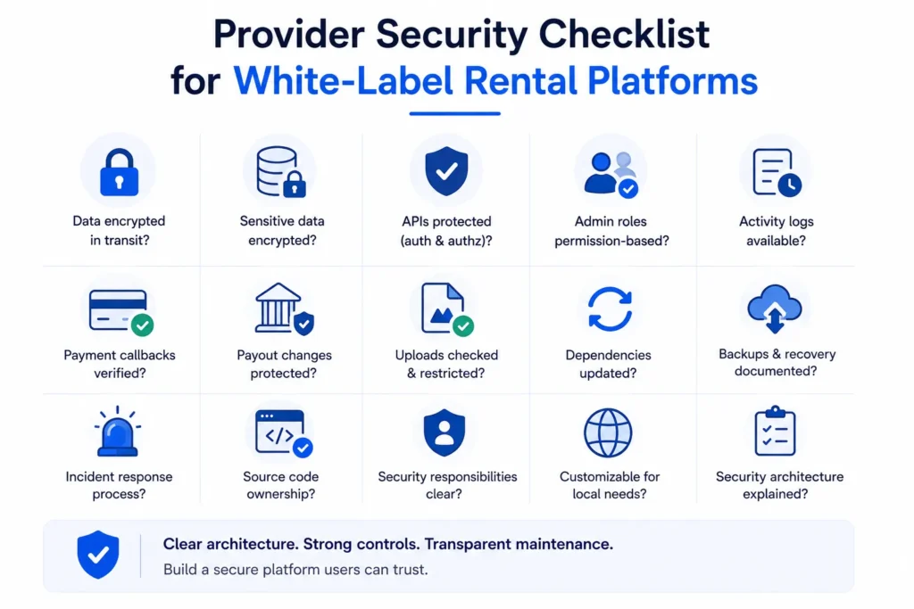 Provider security checklist for white-label rental platforms covering encryption, API protection, admin roles, payment security, backups, logs, and incident response.