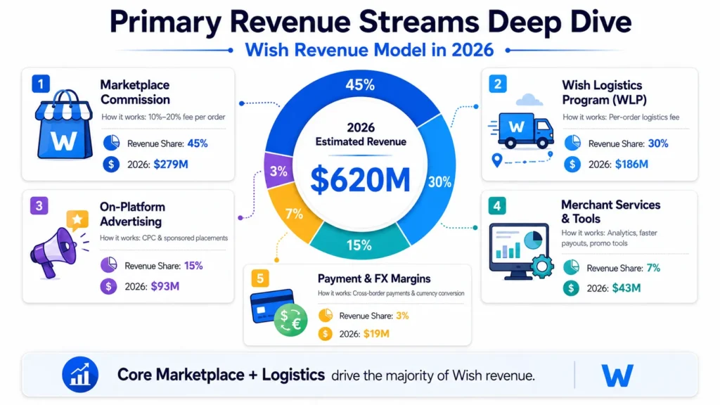 Wish Revenue Model: How Wish Makes Money in 2026 1 Wish revenue model infographic showing primary revenue streams including marketplace commission, Wish Logistics Program, on-platform advertising, merchant services, payment margins, and estimated 2026 revenue.