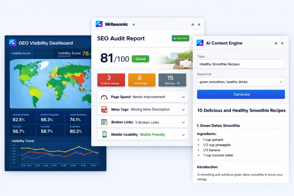 Writesonic interface showing SEO audit report, GEO visibility dashboard, and AI content engine.