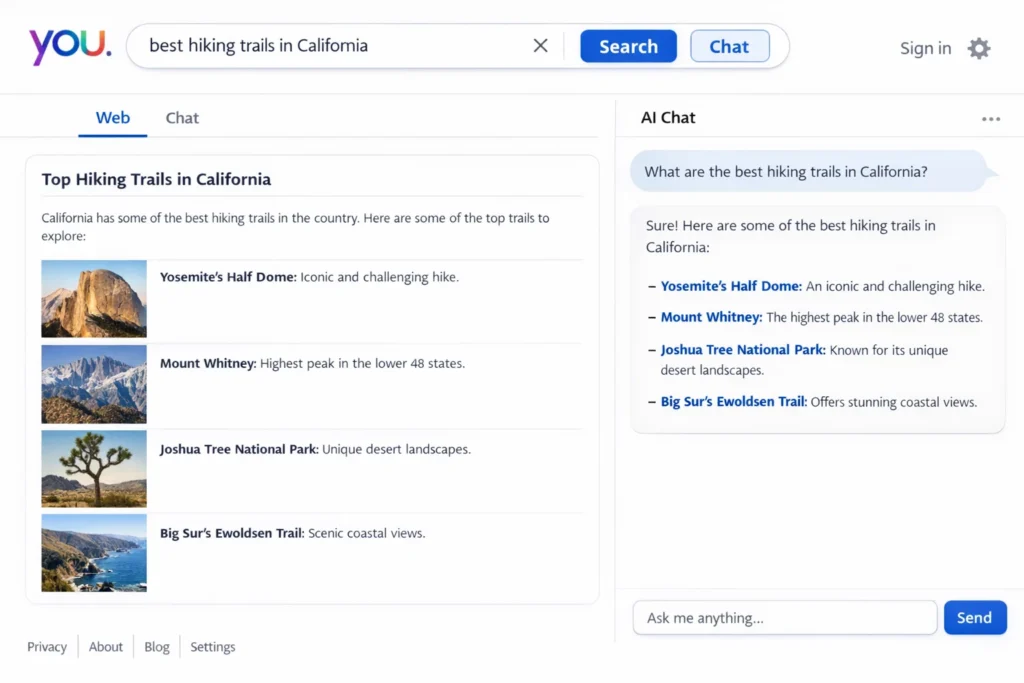 You.com AI search interface showing hiking trail results in California with AI chat assistance.