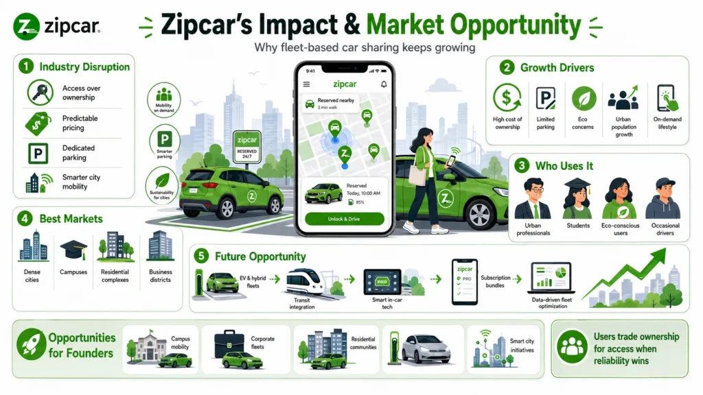 What Is Zipcar and How Does It Work? 2 Zipcar market opportunity infographic showing fleet-based car sharing growth, industry disruption, growth drivers, target users, best markets, EV fleets, smart mobility, and founder opportunities.
