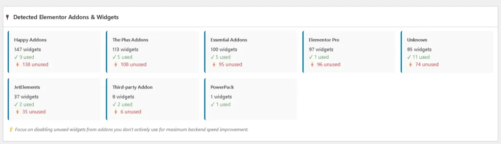 Detected addons and widgets list in Elementor optimizer showing active third-party extensions inside WordPress.