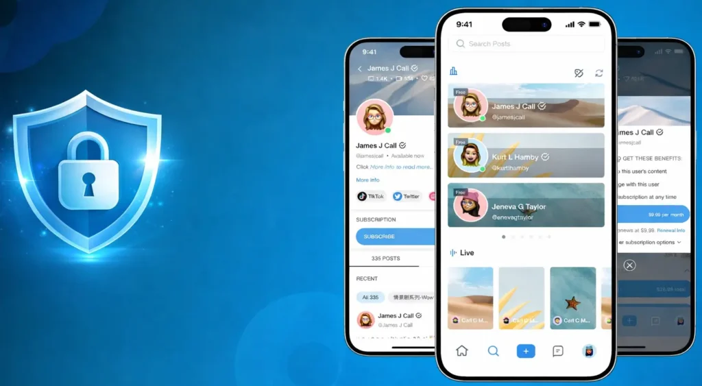 Secure OnlyFans app interface showing mobile screens with shield lock icon representing data protection and app security