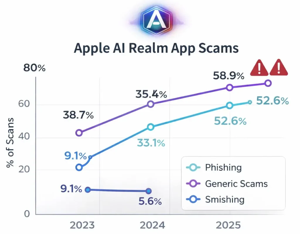 Apple AI Realm app scam trends graph showing phishing, generic scams, and smishing growth from 2023 to 2025