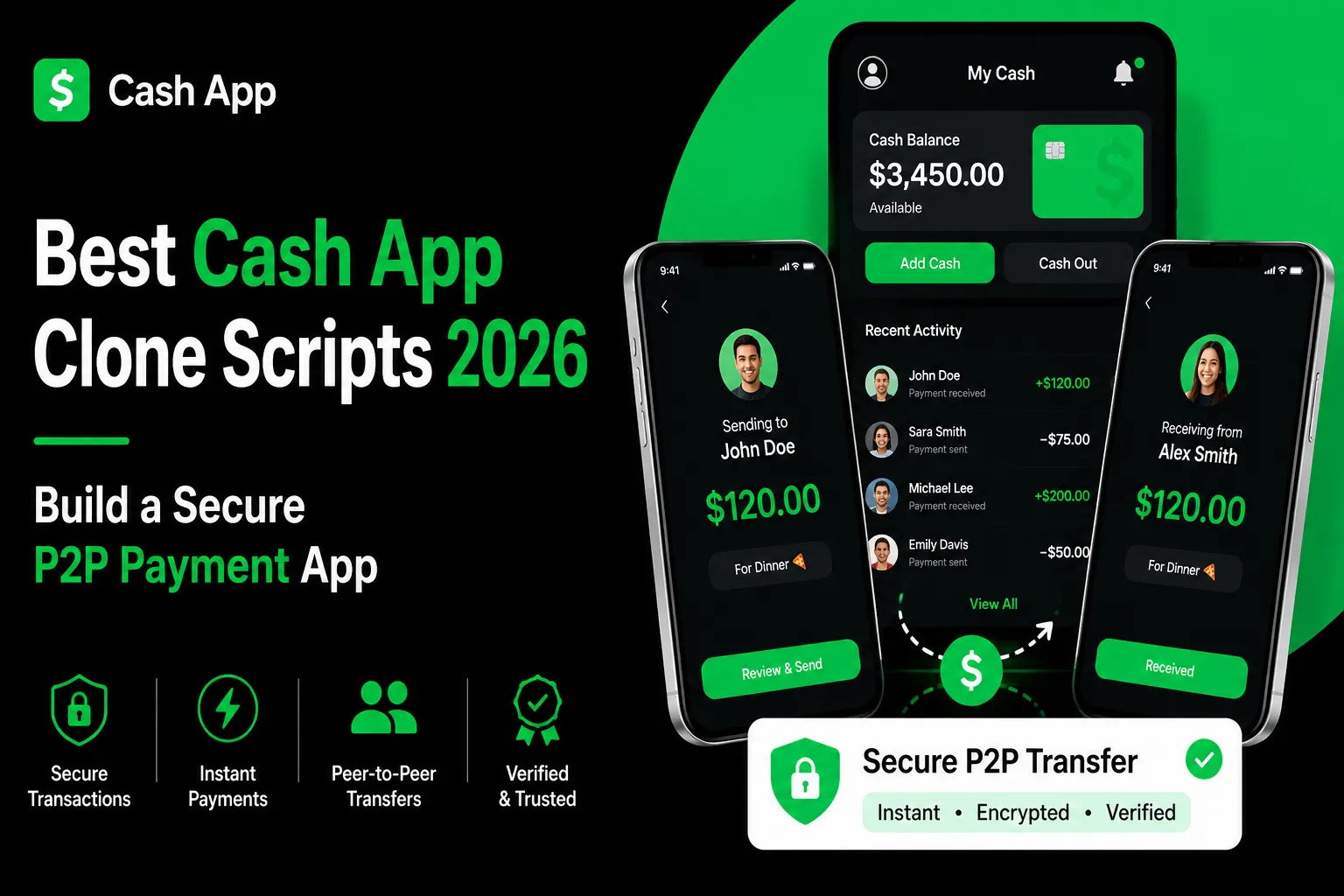 Cash App clone script promotional banner featuring secure peer-to-peer payment app interface, instant money transfers, digital wallet dashboard, and mobile fintech UI screens