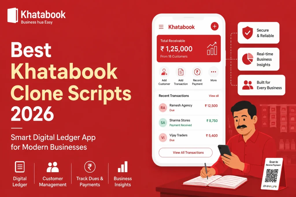 Khatabook clone app illustration featuring digital ledger management, customer transactions, payment tracking, and small business bookkeeping dashboard