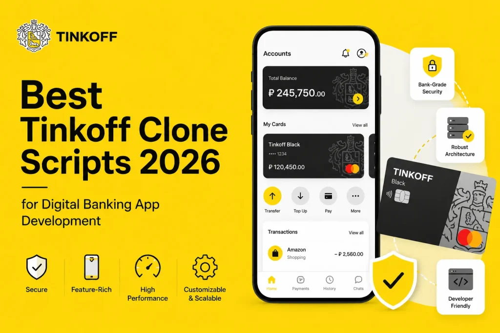 Tinkoff clone banking app illustration featuring digital wallet dashboard, virtual cards, bank-grade security, and scalable fintech infrastructure