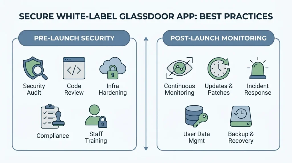 How Safe is a White-Label Glassdoor App? Security Guide 2026 2 Infographic showing secure white-label Glassdoor app best practices with pre-launch security audit, code review, infrastructure hardening, compliance, staff training, post-launch monitoring, updates, patches, incident response, user data management, and backup recovery.