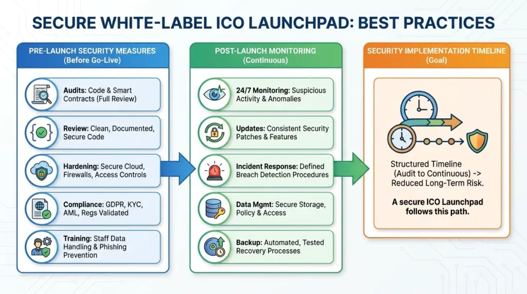 How Safe is a White-Label ICO Launchpad App? Security Guide 2026 2 Infographic showing secure white-label ICO launchpad best practices with pre-launch audits, secure code review, cloud hardening, compliance validation, staff training, post-launch monitoring, updates, incident response, data management, and backups.
