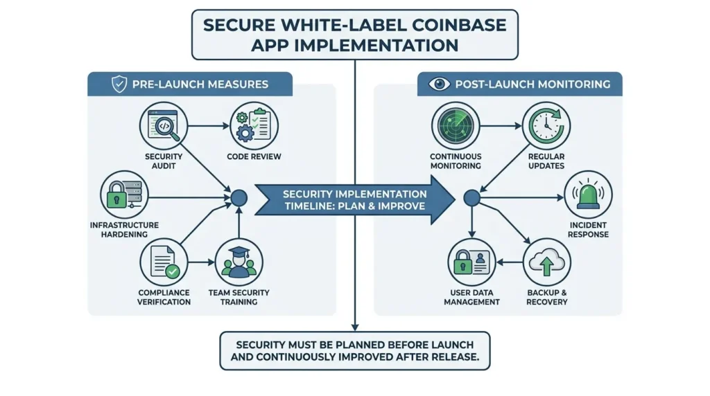 Infographic showing secure white-label Coinbase app implementation with pre-launch security audit, code review, infrastructure hardening, compliance verification, team training, post-launch monitoring, regular updates, incident response, user data management, and backup recovery.