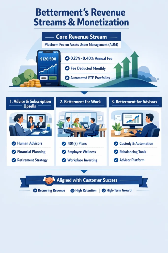 Illustration showing Betterment’s robo-advisor business model with investment growth, ETFs, automation, and long-term wealth planning