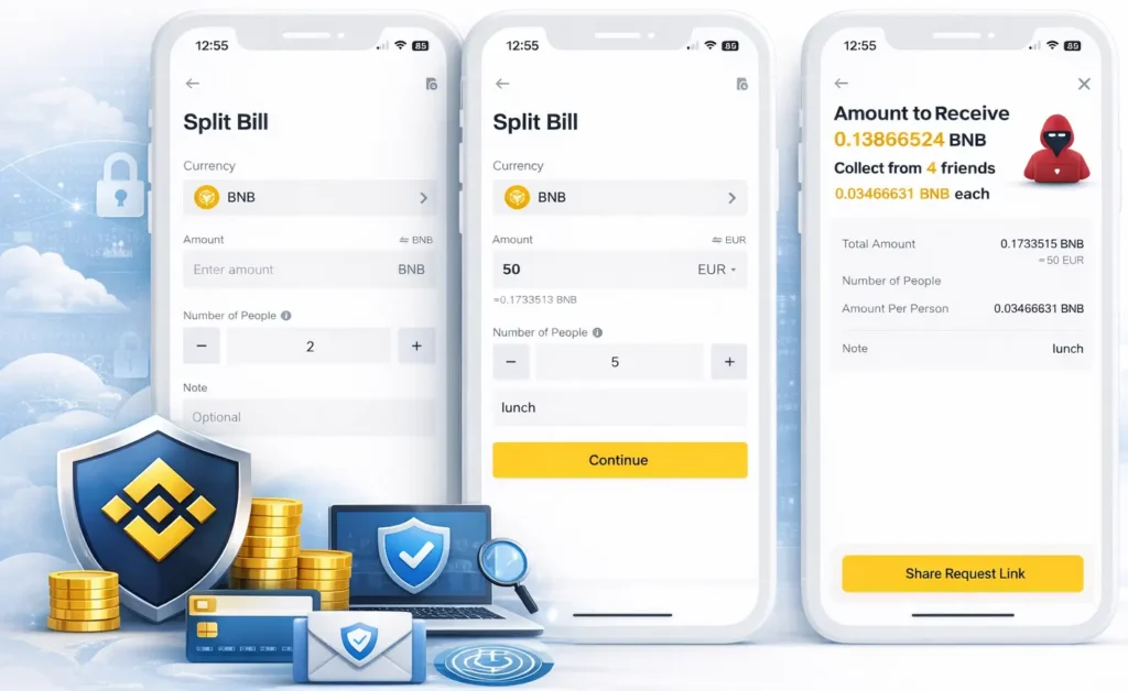 Binance app split bill feature showing secure BNB payment distribution and transaction summary