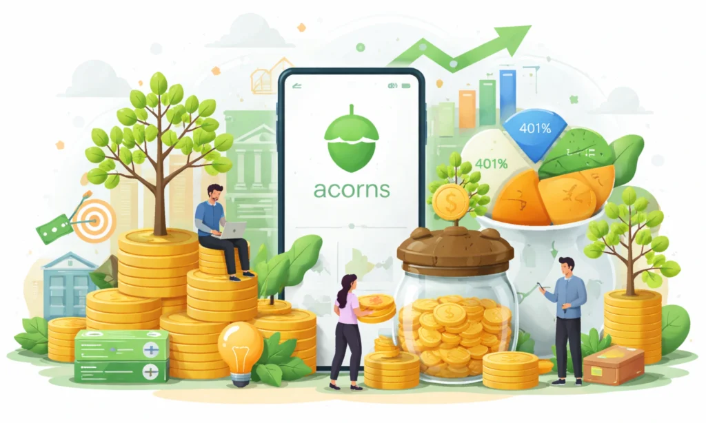 Feature image showing Acorns micro-investing business model of Acorns with automated savings, subscription revenue, and fintech ecosystem growth.
