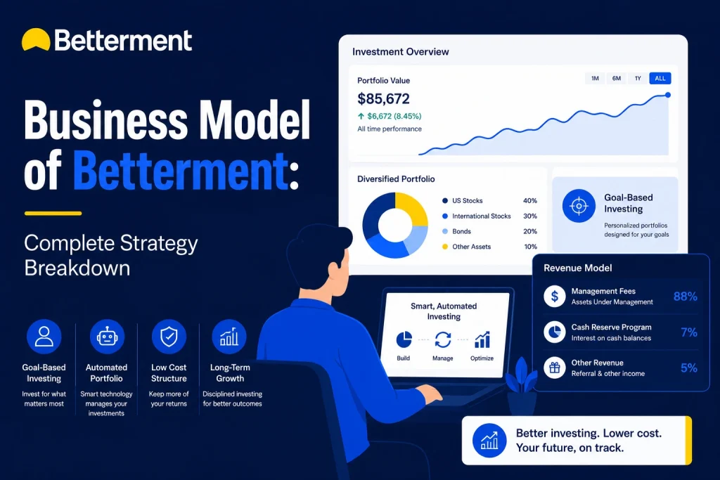 Betterment Business model of Betterment showing automated investing management fees portfolio growth and robo advisor strategy