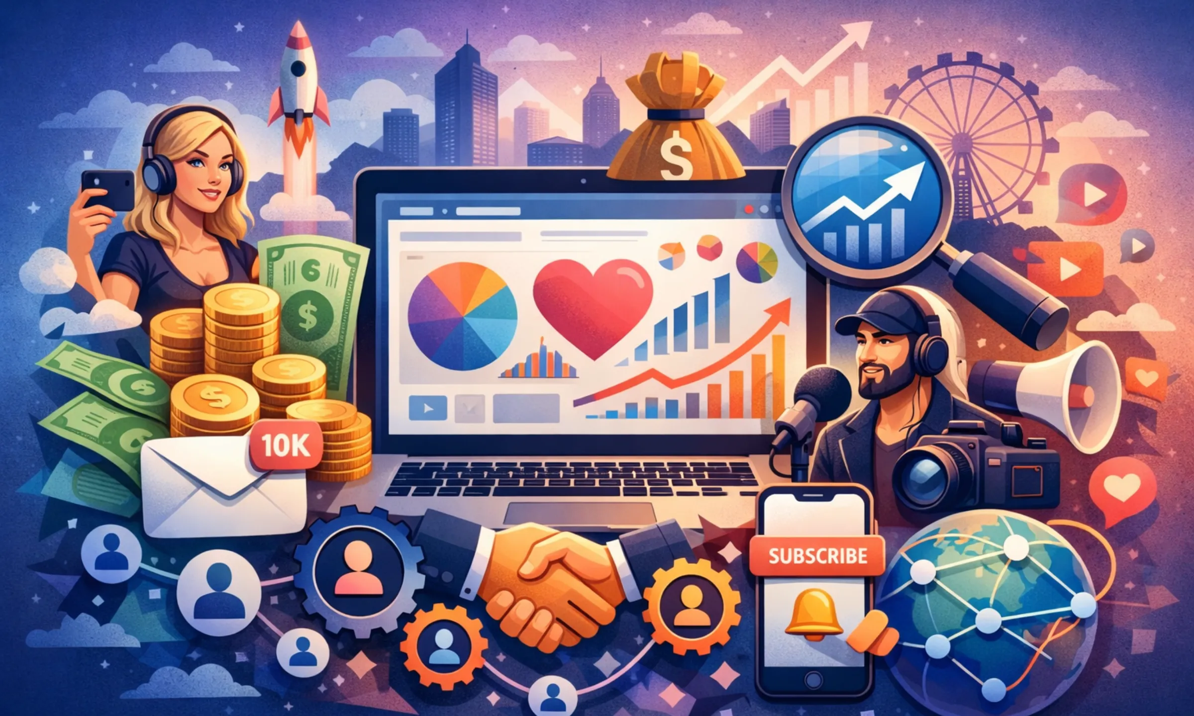 Creative illustration representing business model of LoyalFans with creator monetization, live streaming, subscriptions, analytics dashboard, and revenue growth elements in a digital platform ecosystem.