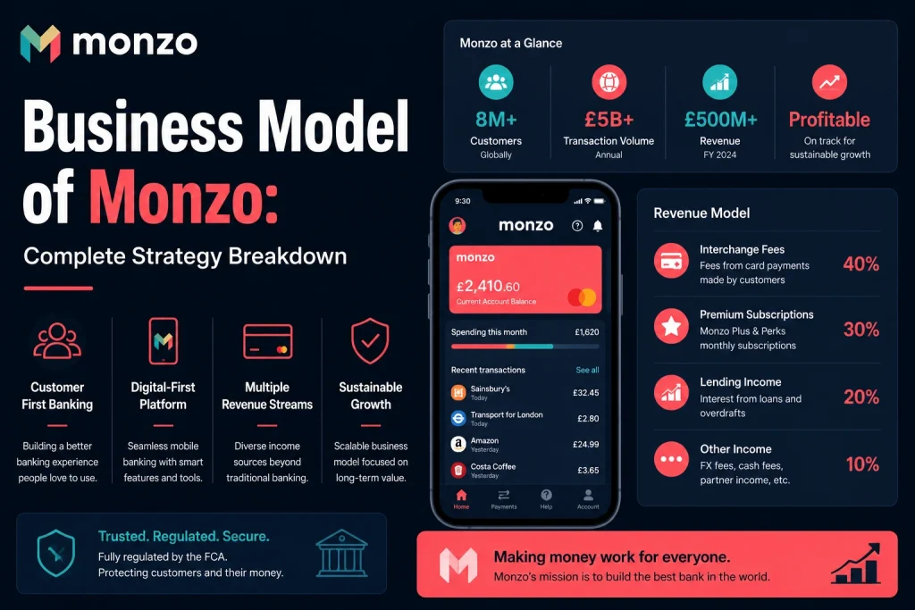 Monzo business model showing digital banking revenue streams, premium subscriptions, lending income, and customer growth