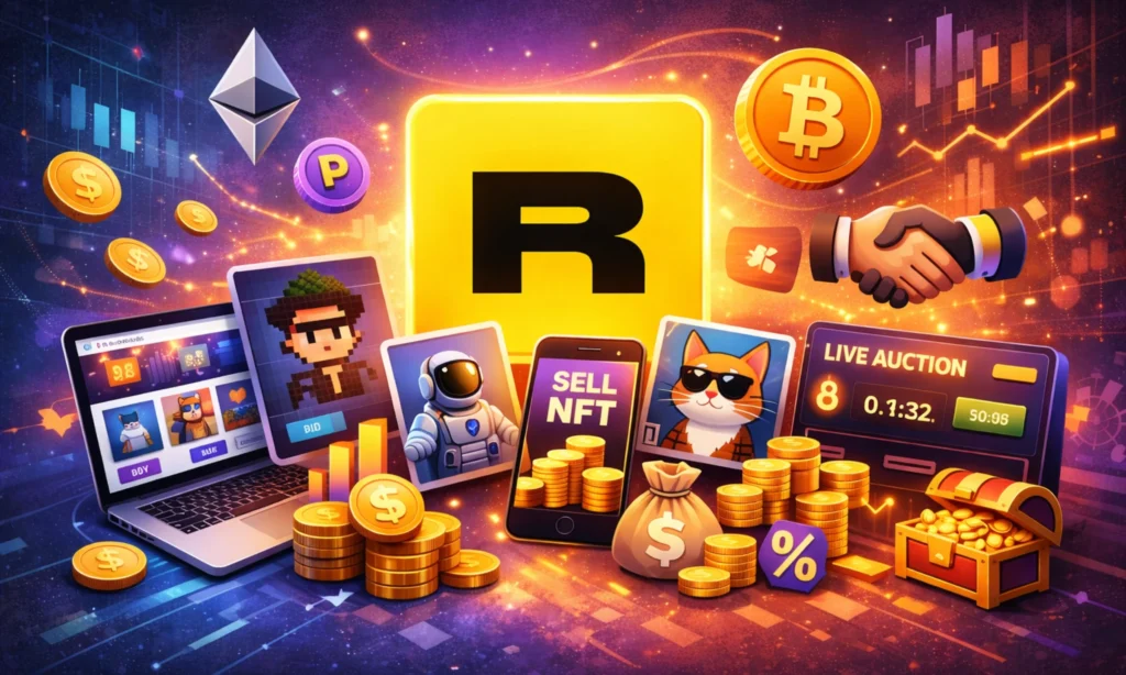 A digital illustration showing the Business Model of Rarible NFT marketplace with NFTs, cryptocurrency, and business elements like a live auction, a laptop, and smartphone. The Rarible "R" logo is prominent, along with coins and NFTs.