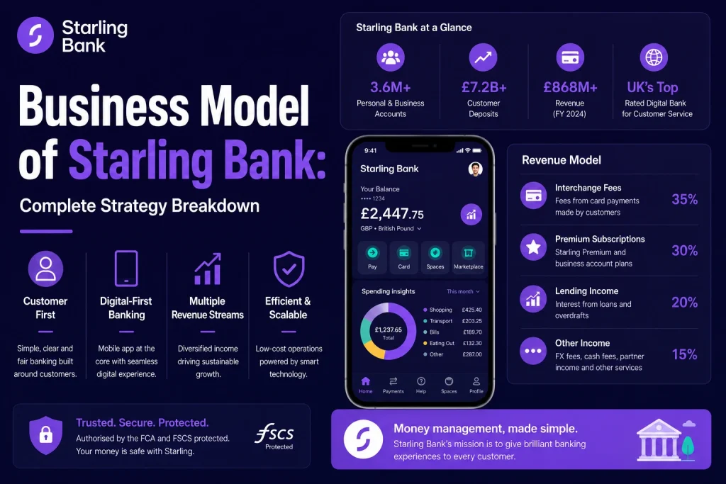 Starling Bank business model showing digital banking revenue streams, customer deposits, subscriptions, and lending income