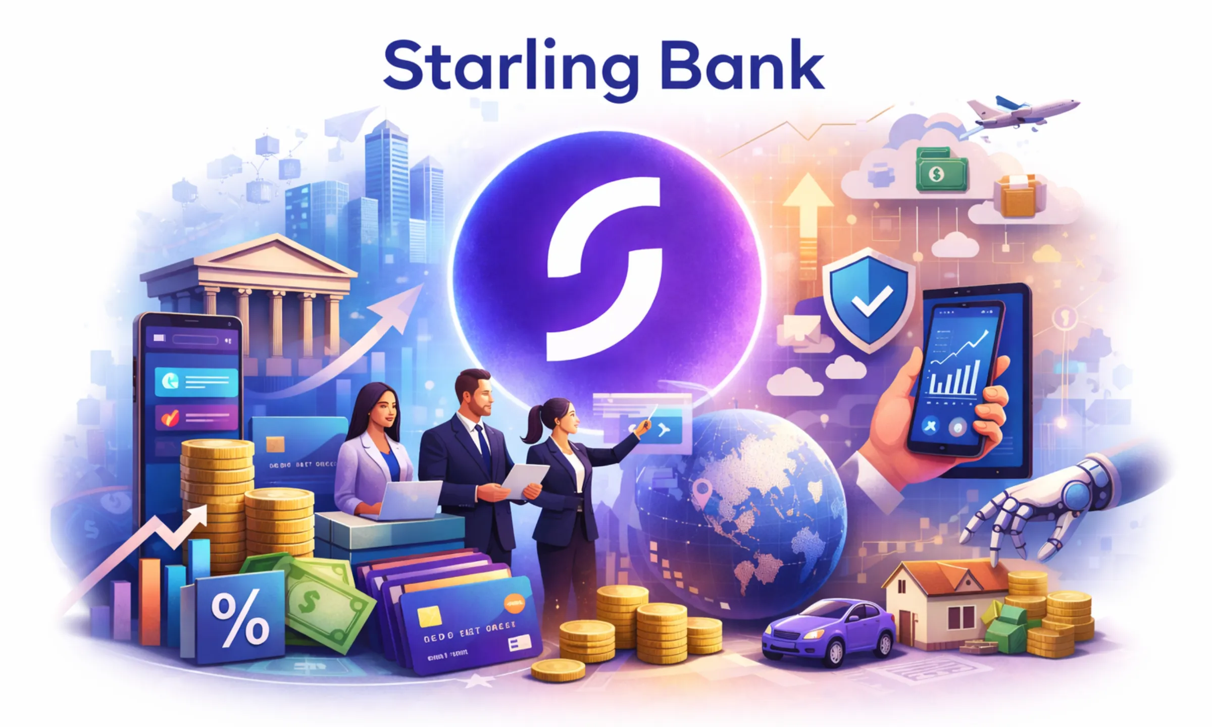 Simple illustration representing business model of Starling Bank as a digital-first banking platform with fintech innovation and mobile banking elements.