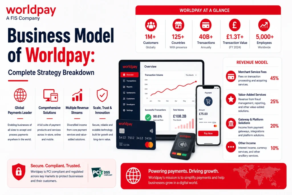 Worldpay business model showing payment processing revenue streams, merchant services, and global transaction platform