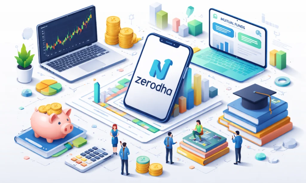 Illustration showing Zerodha’s fintech ecosystem with trading charts, mutual funds, education, and digital investing tools Business Model of Zerodha