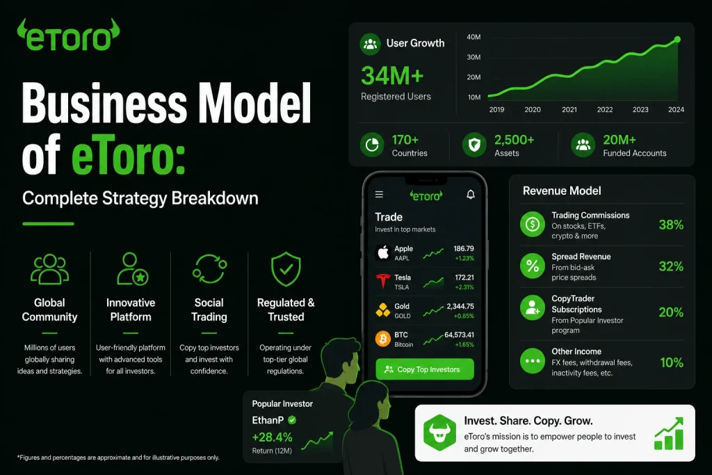 eToro business model showing trading commissions, copy trading revenue, user growth, and social investing platform features