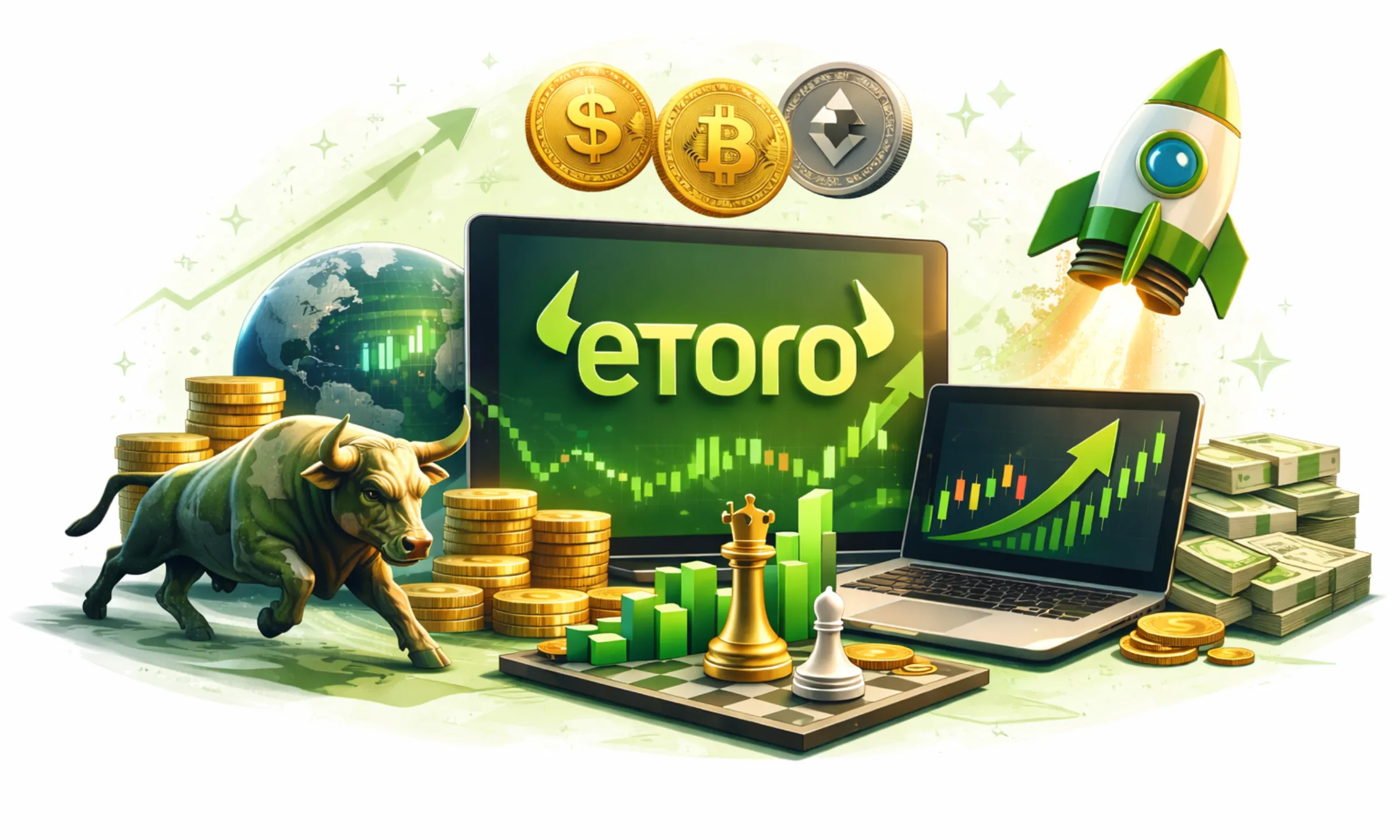 Illustration showing business model of etoro concept with growth chart, trading symbols, bull, coins, and rocket