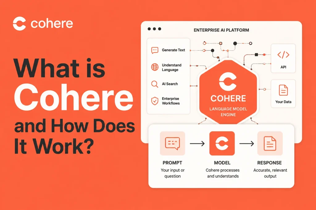 Cohere enterprise AI platform overview showing language model engine, prompts, APIs, data, and accurate AI responses
