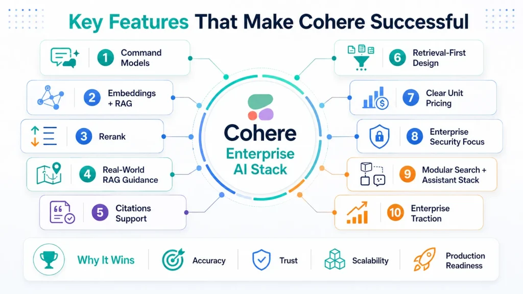 Infographic showing Cohere’s enterprise AI stack with command models, embeddings, RAG, rerank, citations, retrieval-first design, pricing, security, and enterprise traction.