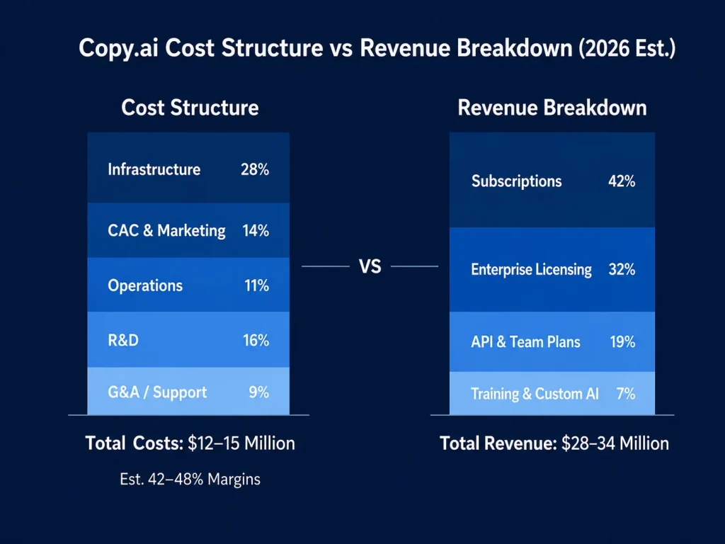 Copy.ai Revenue Model: How Copy.ai Makes Money in 2026 1 Infographic showing Copy.ai 2026 estimated cost structure versus revenue breakdown, including infrastructure, CAC, operations, R&D, subscriptions, enterprise licensing, API plans, and custom AI revenue.