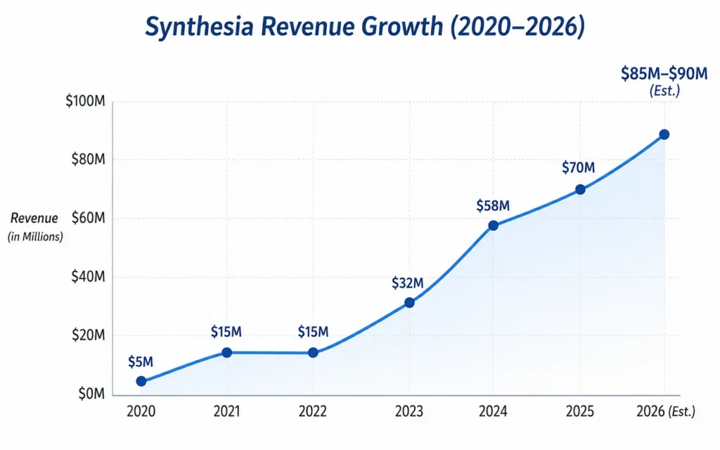 Line chart showing Synthesia revenue growth from 2020 to 2026, increasing from $5M in 2020 to an estimated $85M–$90M in 2026, with revenue milestones for 2021, 2022, 2023, 2024, and 2025.