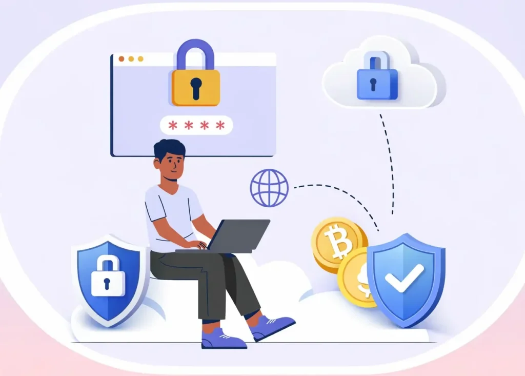 Secure white-label crypto exchange app illustration showing user data protection, cloud security, encryption, and safe crypto transactions