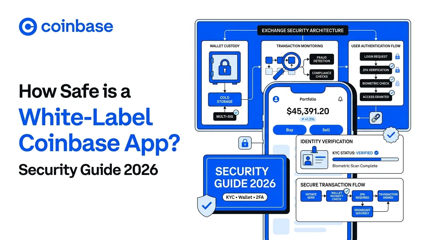 Coinbase app security guide banner showing a white-label crypto exchange app with wallet custody, cold storage, multi-signature security, transaction monitoring, fraud detection, KYC verification, 2FA, biometric login, and secure transaction flow.