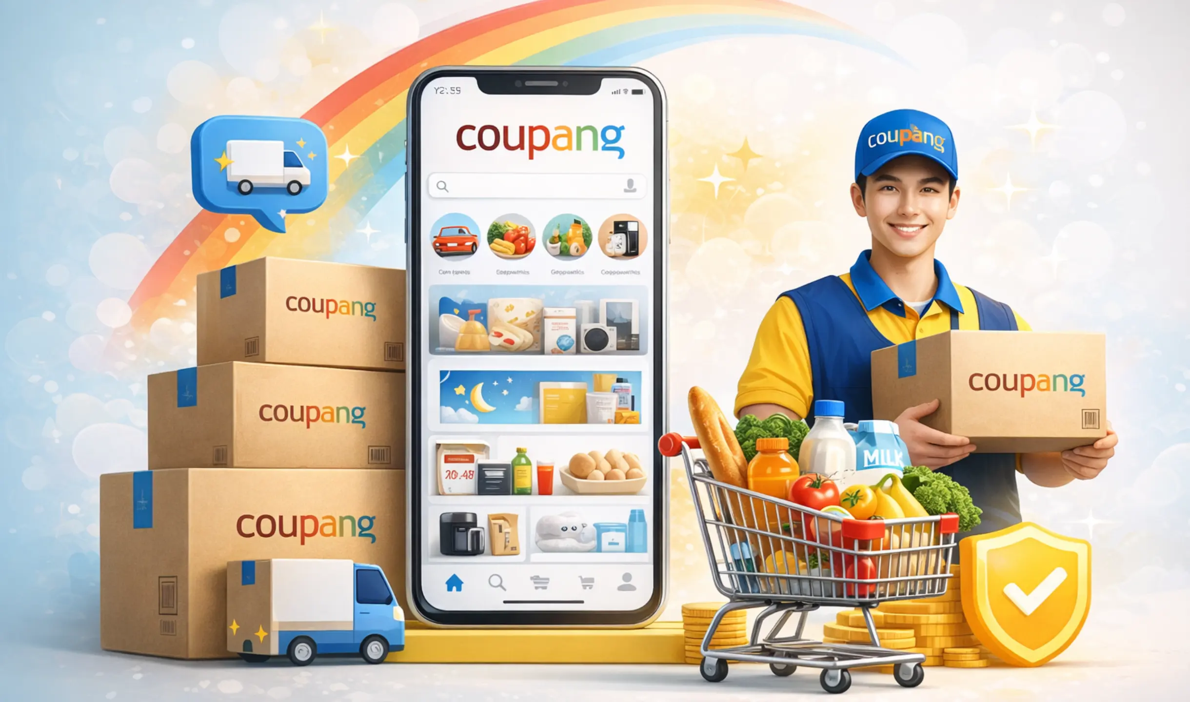 Illustration showing Coupang marketplace app interface with delivery boxes, courier, shopping cart, and security shield