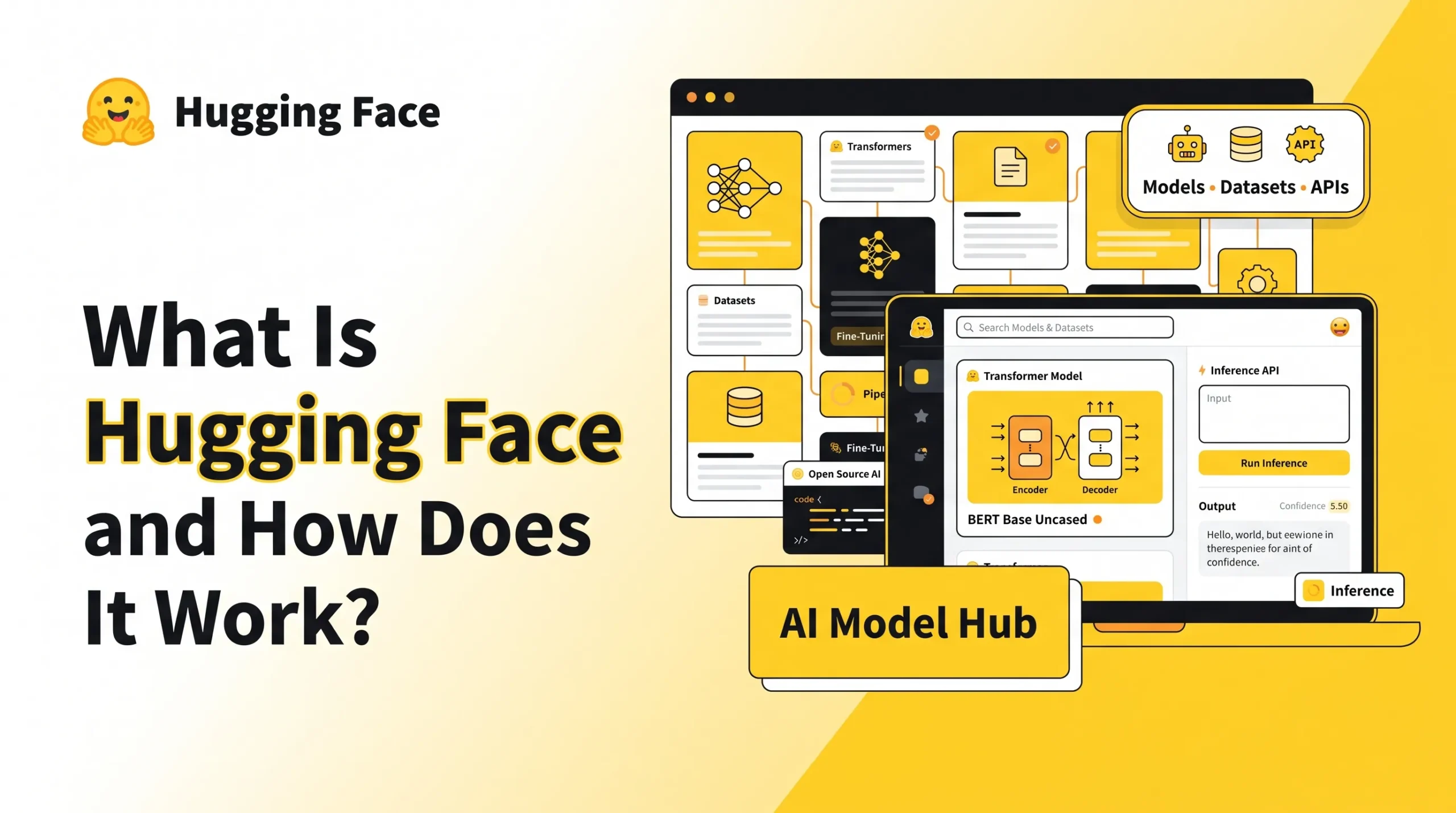 Hugging Face banner showing an AI model hub with transformer models, datasets, APIs, inference tools, fine-tuning workflows, open-source AI code, and machine learning platform visuals.