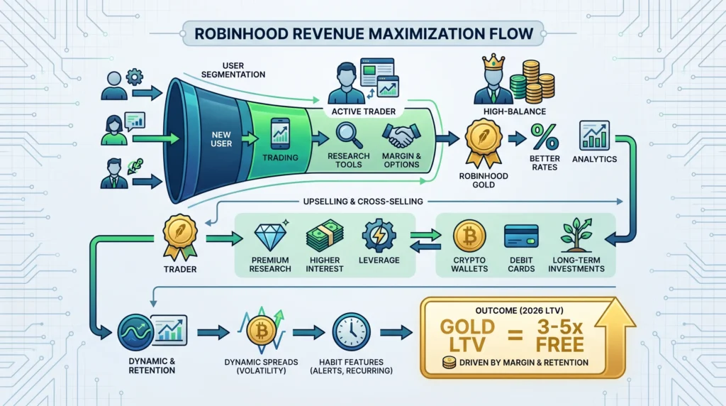 Robinhood Revenue Model: How Robinhood Makes Money in 2026 1 Infographic showing Robinhood revenue maximization flow with user segmentation, active traders, Robinhood Gold, margin and options, premium research, crypto wallets, debit cards, retention features, dynamic spreads, and lifetime value growth.