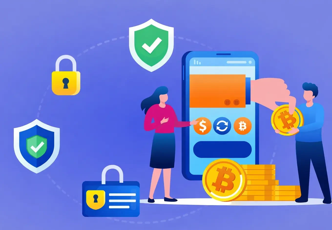 Secure P2P exchange app illustration showing protected crypto transactions with escrow and security shields
