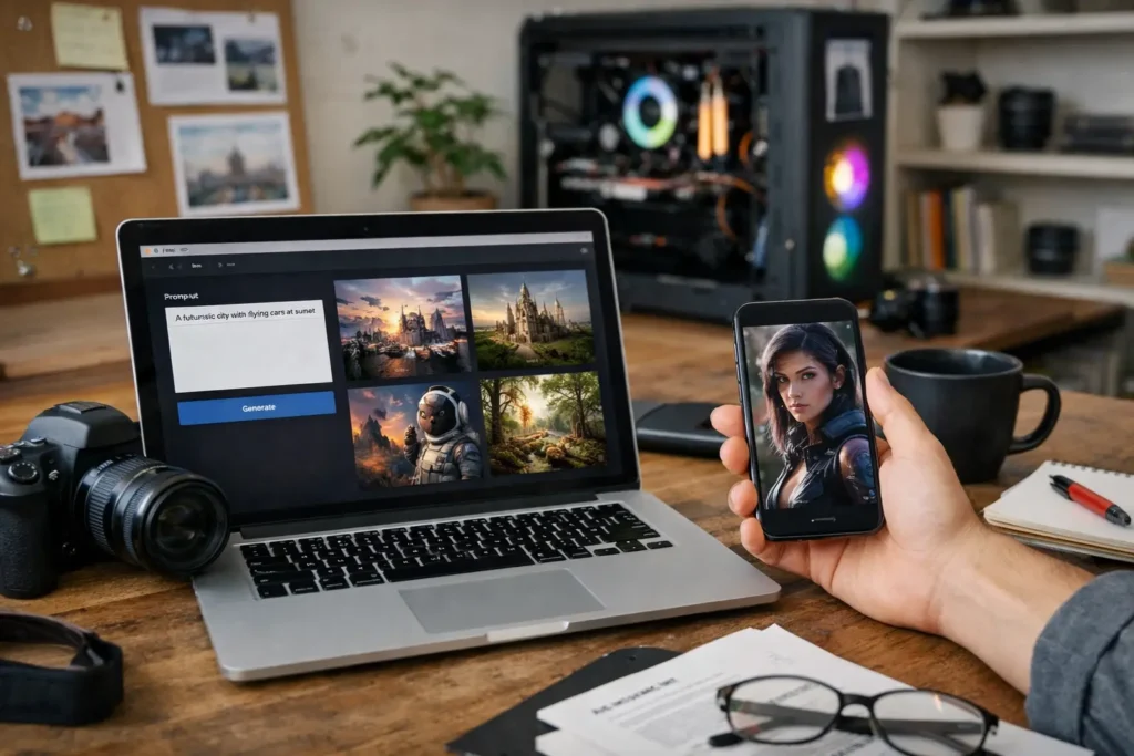DALL·E clone script AI image generation platform showing advanced prompt-based image creation on a professional creative workspace