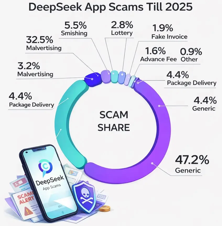 DeepSeek app scam share infographic showing phishing, smishing, malvertising and other scam types till 2025